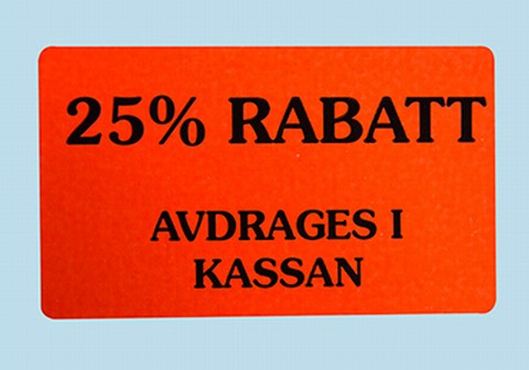 Etikett 50x30 fluor röd 25% rabatt