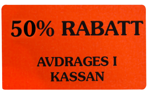 Etikett 50x30 fluor röd 50% rabatt