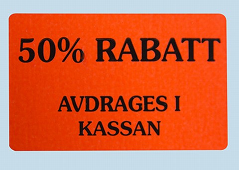 Etikett 50x30 fluor röd 50% rabatt