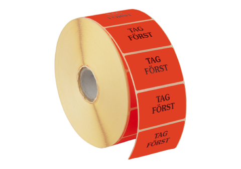 Etikett 50x30mm fl.röd Tag Först