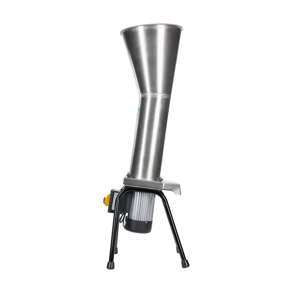 Stående elektrisk fruktkross av rostfritt stål med monterad matartratt stor