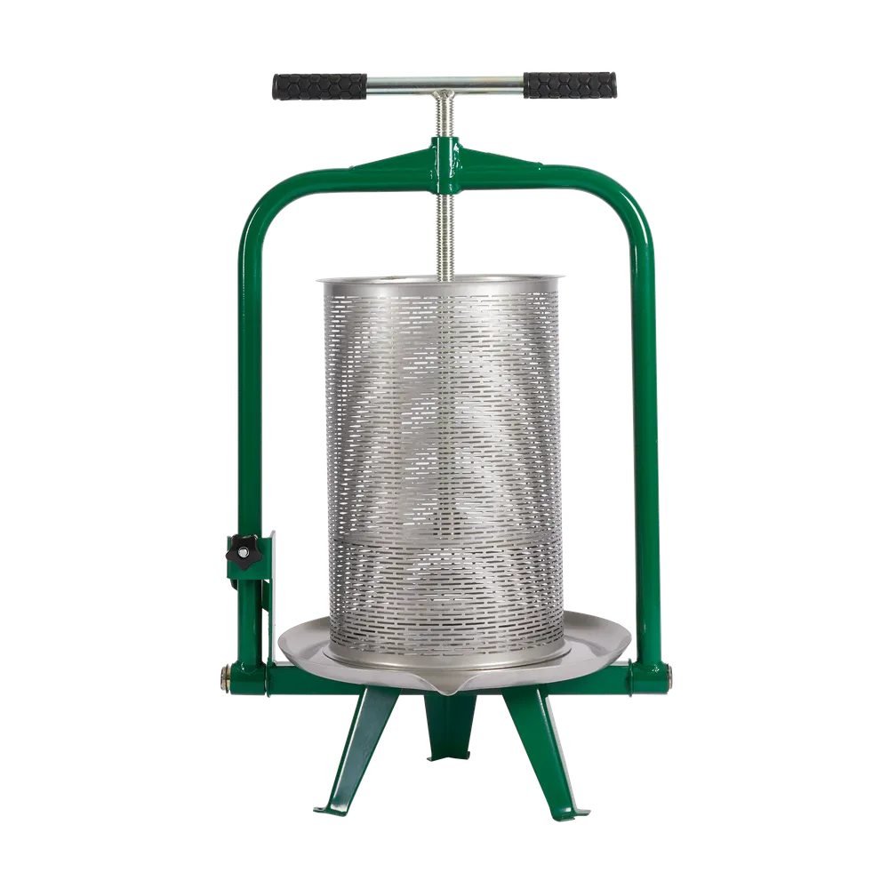 Stor fruktpresse med pressekurv 18 liter i rustfritt stål, grønne detaljer og med sorte håndtak