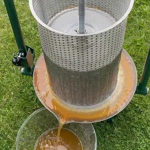 Frukt pressas till en must utomhus i en manuell skruvpress i rostfritt stål