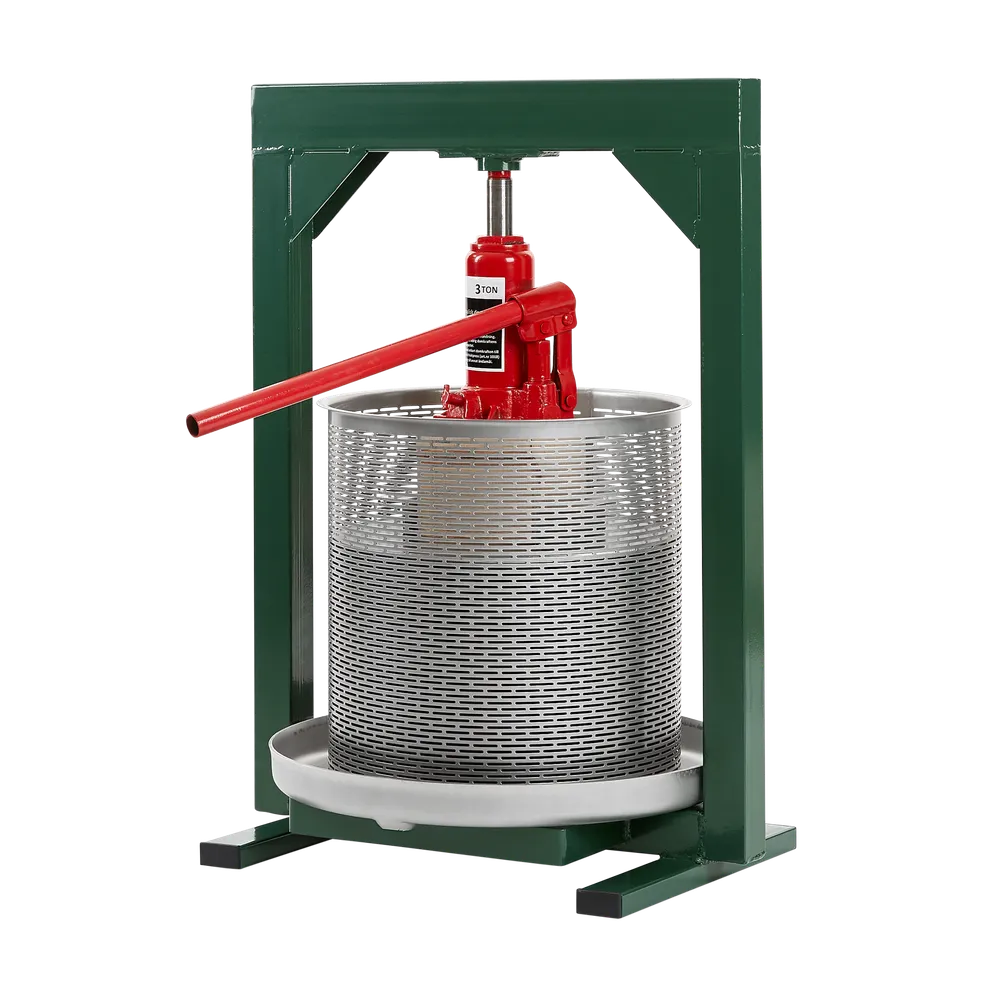 Hydraulisk fruktpresse 23L i rustfritt stål med detaljer i grønt, rødt og metall