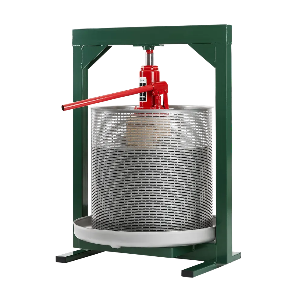 Hydraulisk fruktpresse 50L i rustfritt stål med detaljer i grønt, rødt og metall