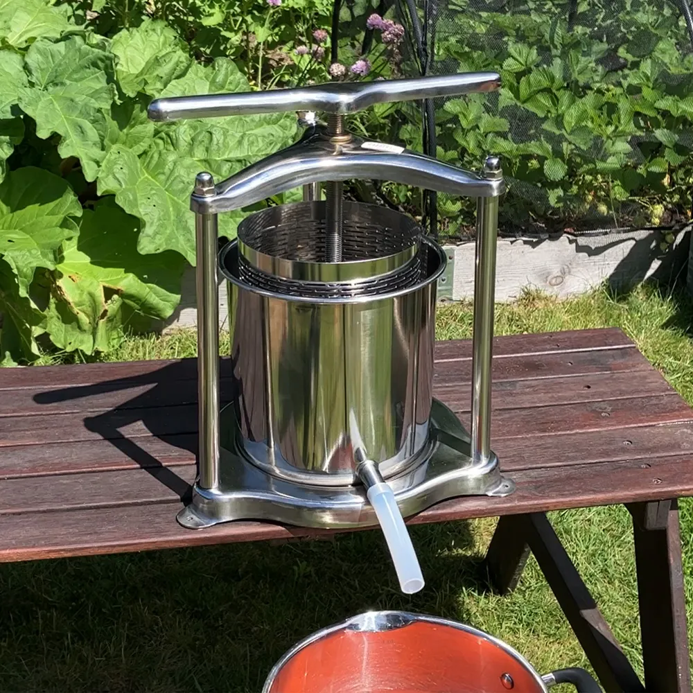 Färskpressad rabarbermust rinner ut ur en fruktpress ner i en behållare av rostfritt stål