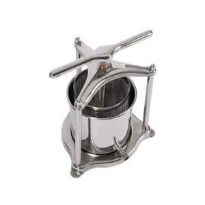 Skruvpress i rostfritt stål, vy uppifrån. uppsamlingsskål med utlopp i botten på sidan