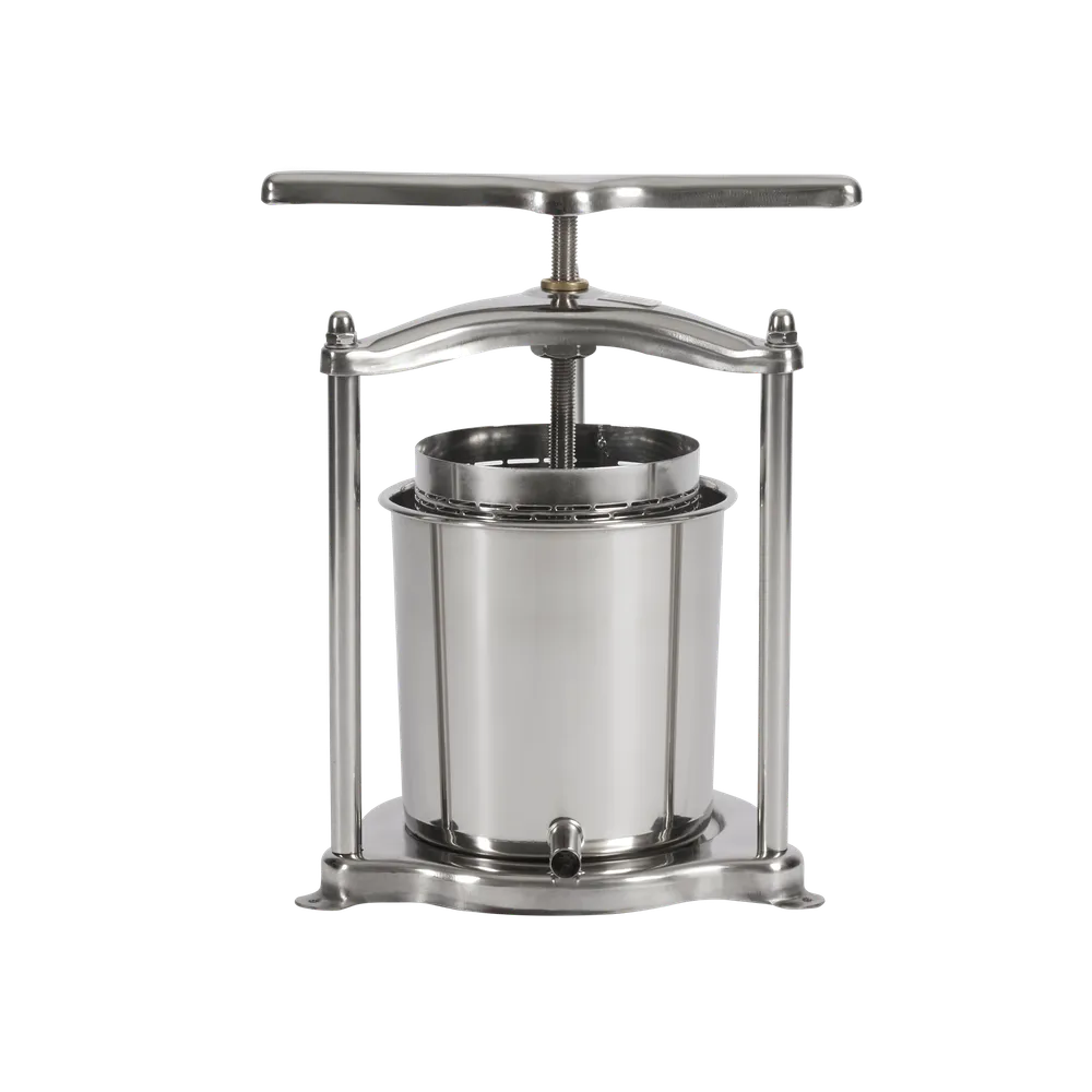 Liten fruktpresse av polert rustfritt stål til å presse ulike frukter og grønnsaker til most