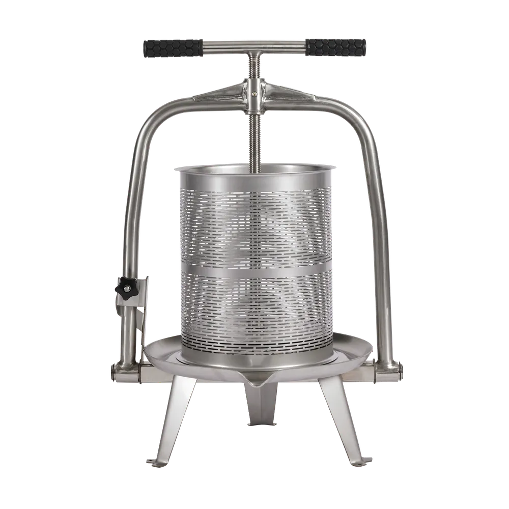 Kraftig skruepresse for mostpressing i rustfritt stål med svarte håndtak