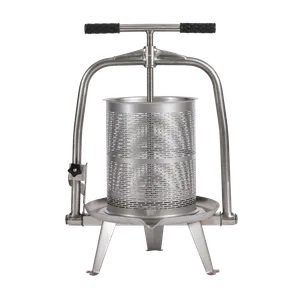 Kraftfull skruvpress för pressning av must tillverkad i rostfritt stål med svarta handtag