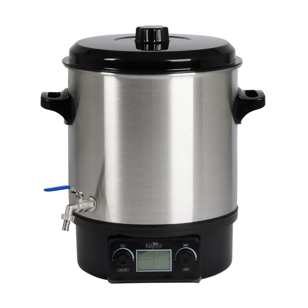 Cylinderformad pastöriseringsmaskin i rostfritt stål med digital display samt svart lock, handtag, tappkran och knappar