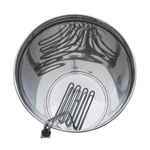 Cylinderformad behållare i rostfritt stål med en doppvärmare som hänger över fatets kant