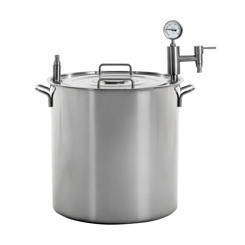 Spiralpastör i rostfritt stål med handtag, lock, tappkran och en termometer på ovansidan