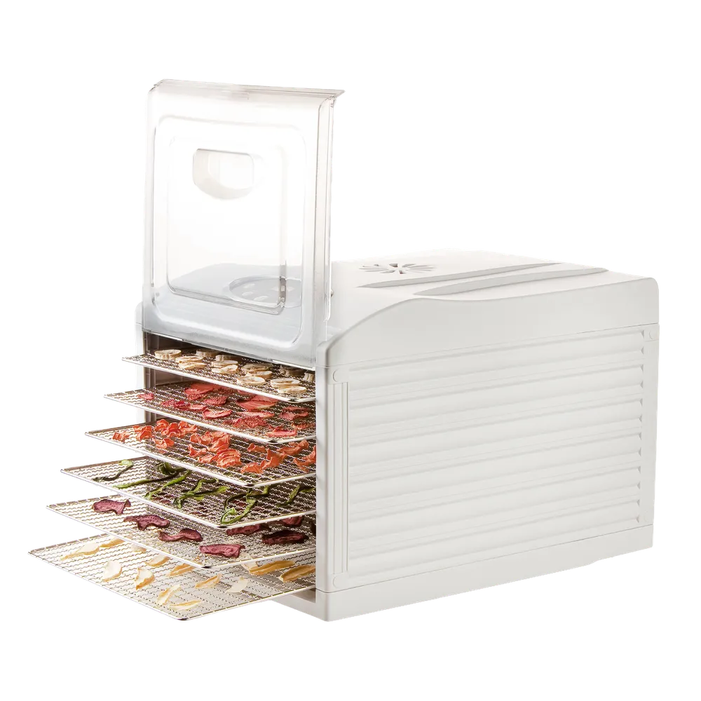 Frukttorken/svamptorkens galler av rostfritt stål möjliggör torkning av bland annat frukt, grönsaker och svamp