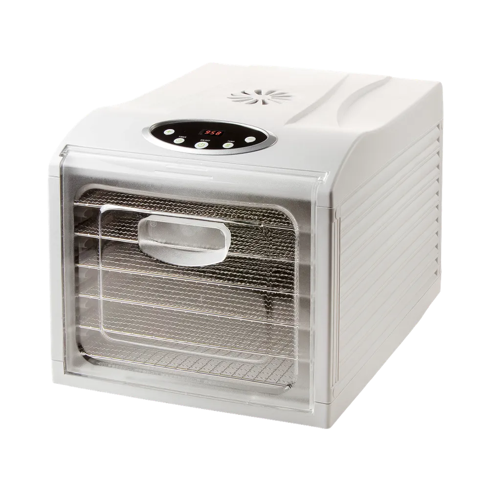 Frukttork/svamptork som består av en låda i vit plast med genomskinlig plastlucka i framkant med en svart kontrollpanel ovanför