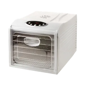 Frukt- og sopptørker består av en hvit plastboks med gjennomsiktig plastlokk foran med svart kontrollpanel over