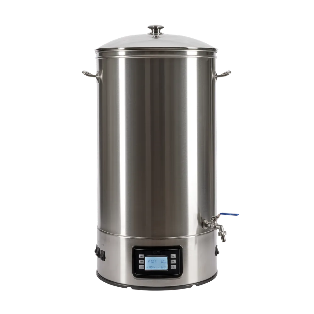 Cylindrisk pastör i rostfritt stål med handtag på sidorna och en kontrollpanel med display i nederkant