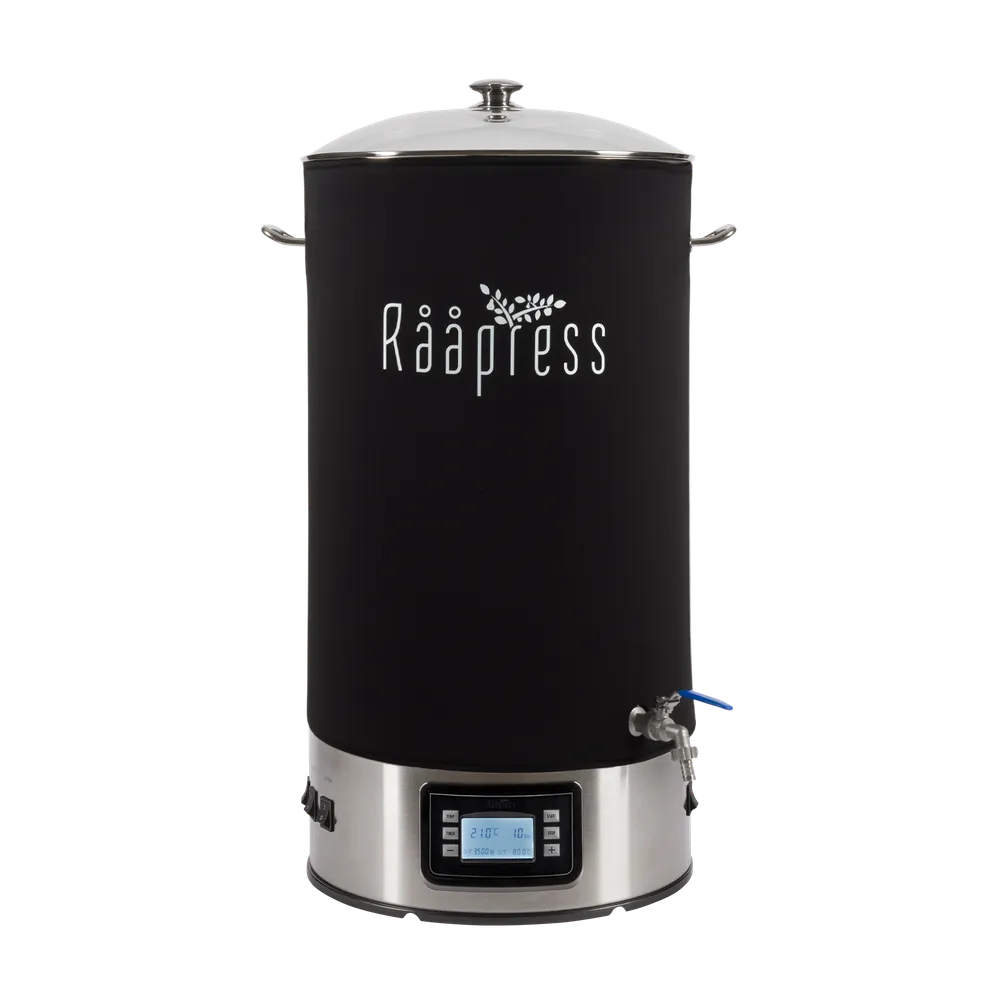 Cylindrisk pastör i rostfritt stål med handtag på sidorna och en kontrollpanel med display i nederkant samt svart isoleringskappa