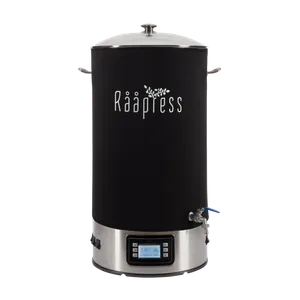 Cylindrisk pastör i rostfritt stål med handtag på sidorna och en kontrollpanel med display i nederkant samt svart isoleringskappa