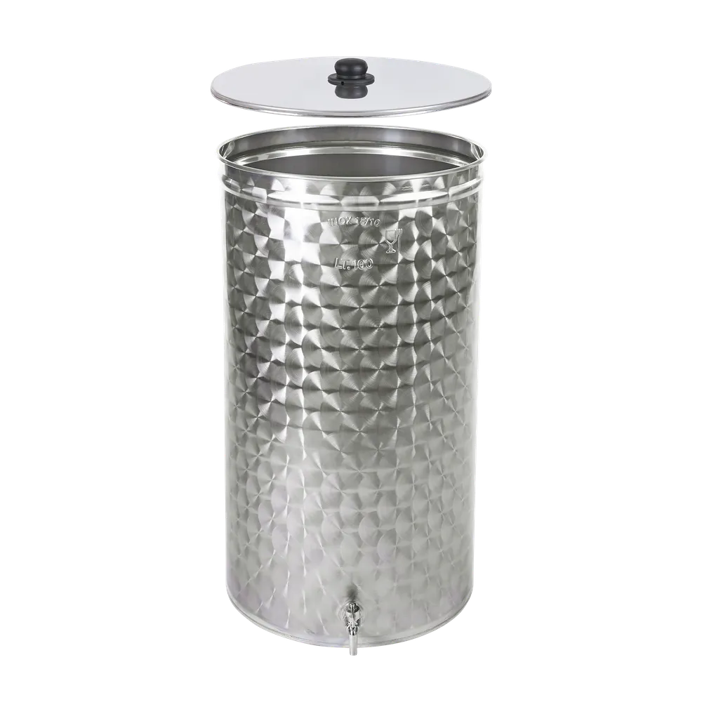 Rostfri tank med tappkran i botten och ett lock med svart handtag