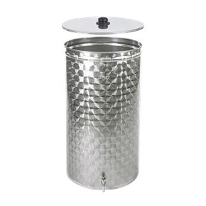 Rostfri tank med tappkran i botten och ett lock med svart handtag