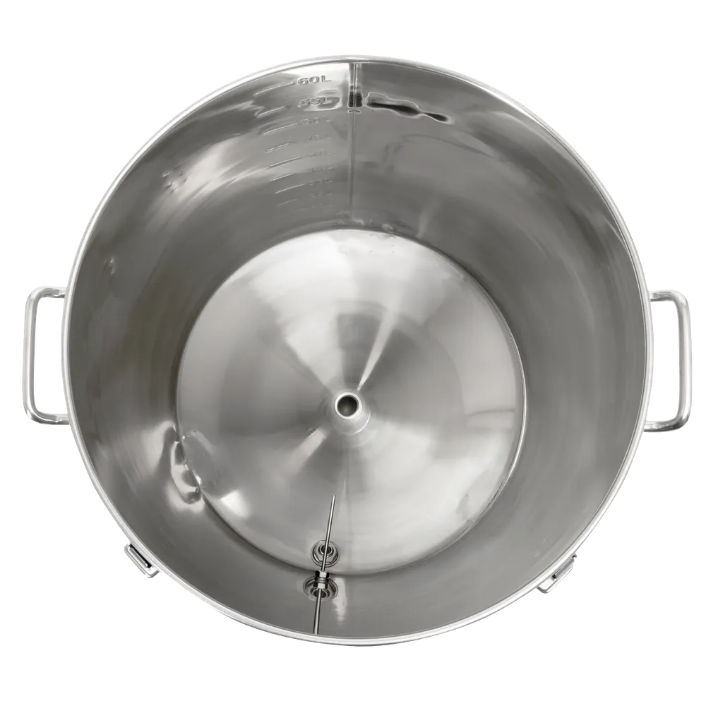 Inde i gærtanken 62L, tydelige volumenmarkeringer for nøjagtig gæring og påfyldning