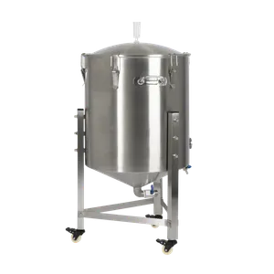 Gjærtank 100L sett fra siden, med lokk, håndtak og hjul for enkel håndtering