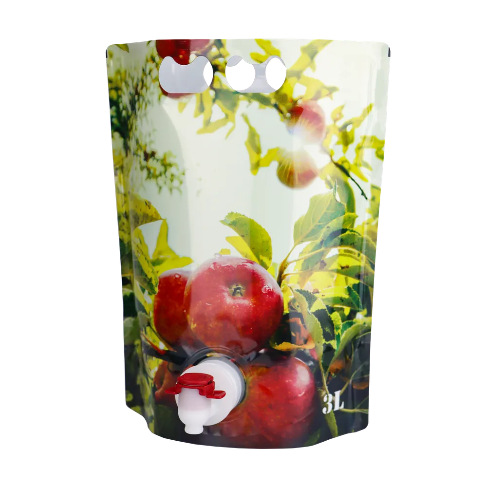 Grøn og rød stand-up taske, såkaldt pouch bag, i plast med æblemotiv, der har en plastik studs