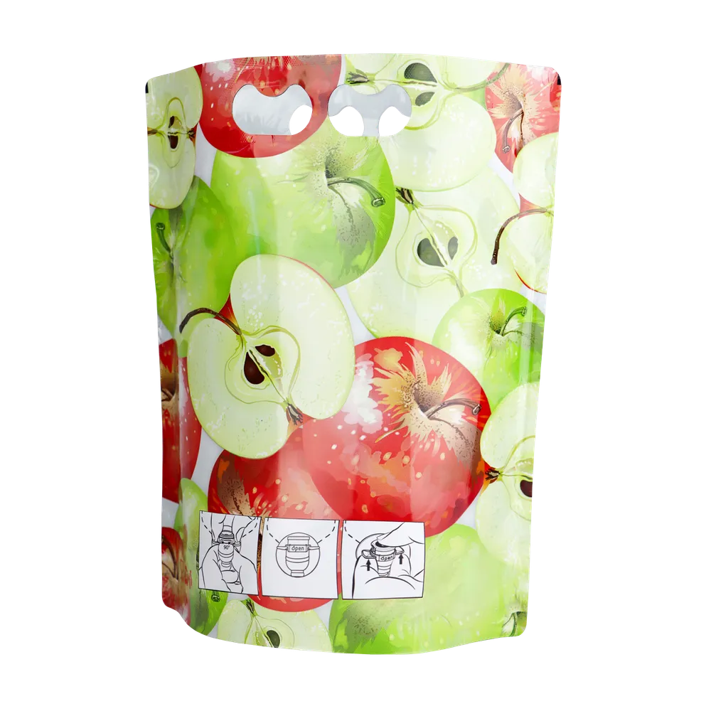 Baksiden av en ståpose med rødgrønt eplemotiv med integrert håndtak øverst