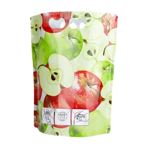 Baksiden av en ståpose med rødgrønt eplemotiv med integrert håndtak øverst