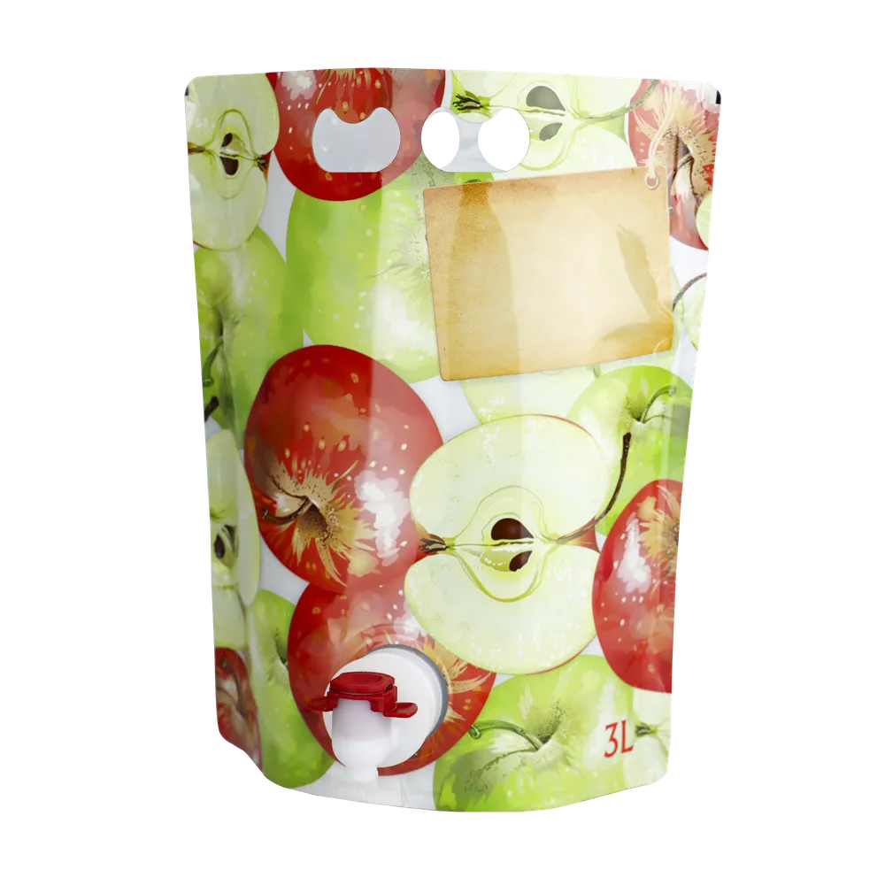 Framsidan av en ståpåse i plast med rödgrönt äppelmotiv samt en vitröd tappkran i hårdplast