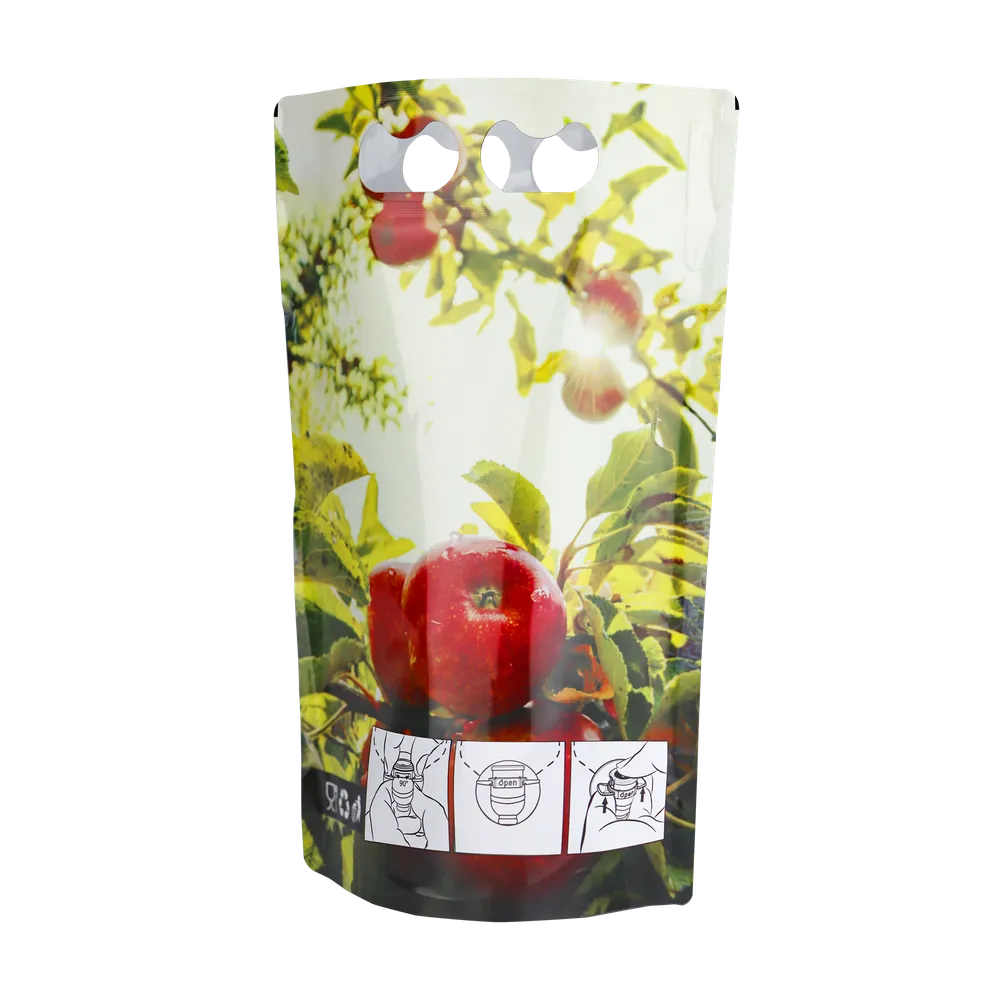 Bakside av ståpose 1,5L eplemotiv med instruksjoner for tapping