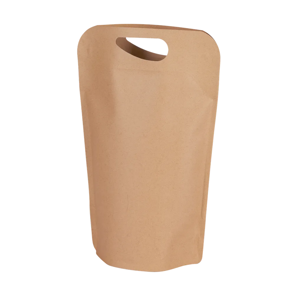 Näkymä erilaisten juomien säilyttämiseen käytetyn ruskean, kahvallisen seisomapussin takaosasta