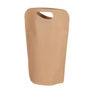 Näkymä erilaisten juomien säilyttämiseen käytetyn ruskean, kahvallisen seisomapussin takaosasta