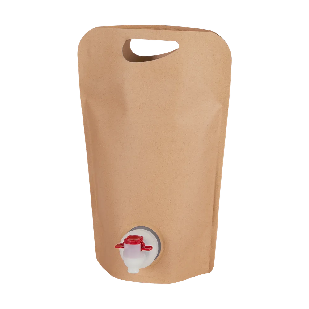 Liten naturfärgad ståpåse 1,5 liter med tappkran i vit plast som används till förvaring och servering av äppelmust, vin med mera 