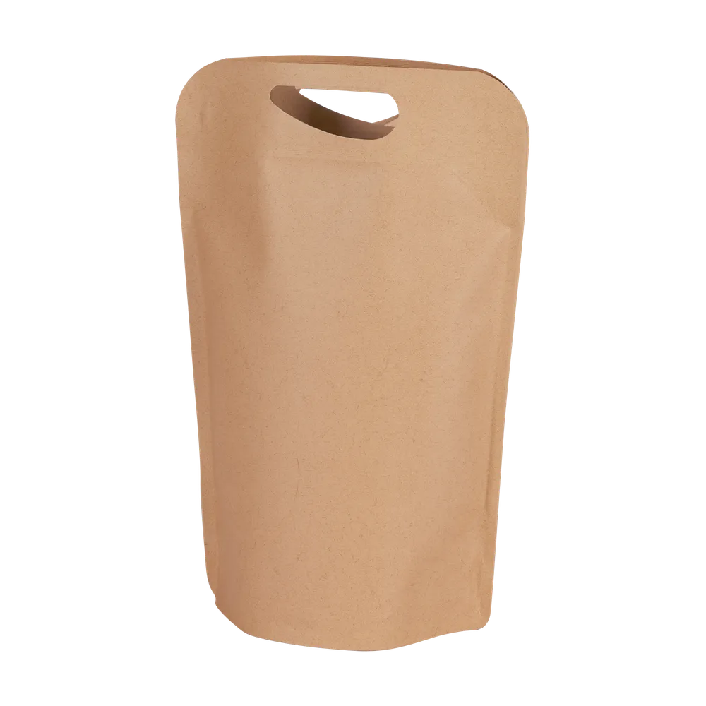 Ståpose i brune farver og med praktisk håndtag, bruges til opbevaring og servering af æblemost, set fra bagsiden af posen.