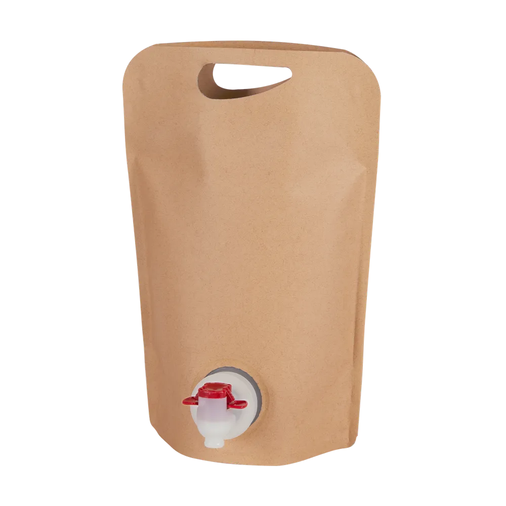Brun, naturfarvet ståpose med hvid plasthane til opbevaring og servering af æblejuice og andre drikkevarer.