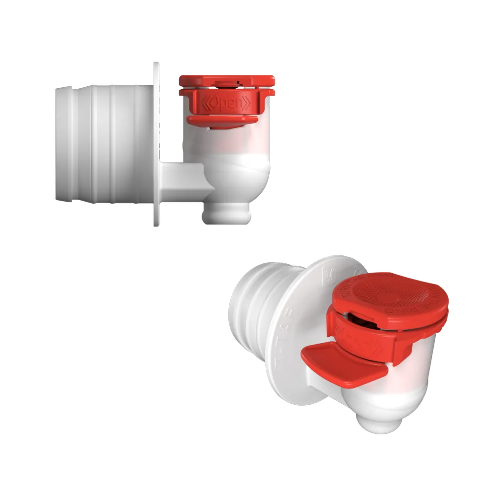 Hvid og rød hane af hård plast til nem udskænkning af juice