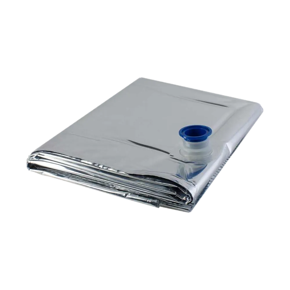 Hopvikt bag-in-box påse 220L som är silvrig med en blå plastplugg