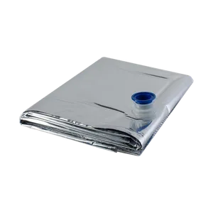 Hopvikt bag-in-box påse 220L som är silvrig med en blå plastplugg