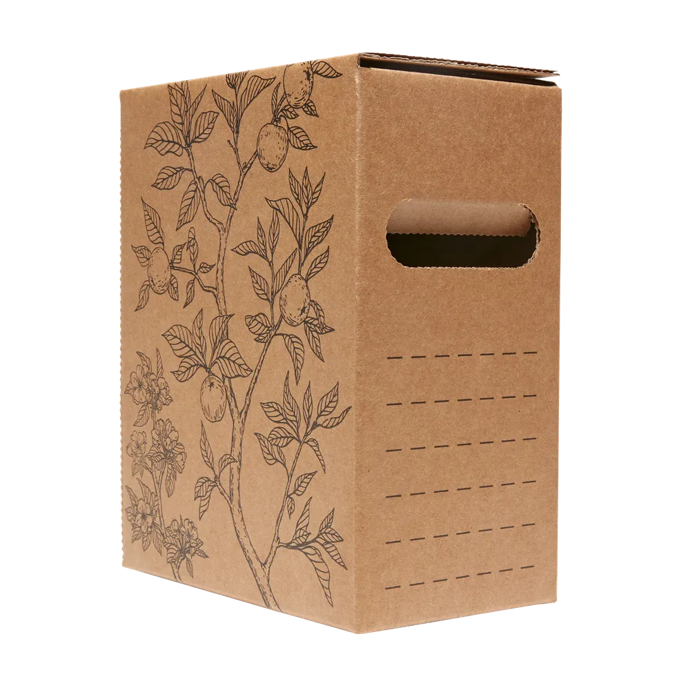 Kortsiden av en Bag-in-box boks i papp med eplemotiv med skrivefelt