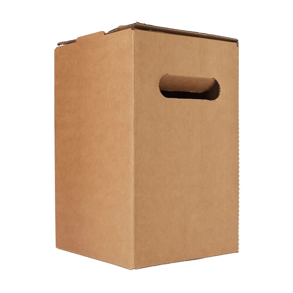 Viiden litran pakkauksen lyhyt puoli ruskeassa pahvilaatikossa ilman painatusta