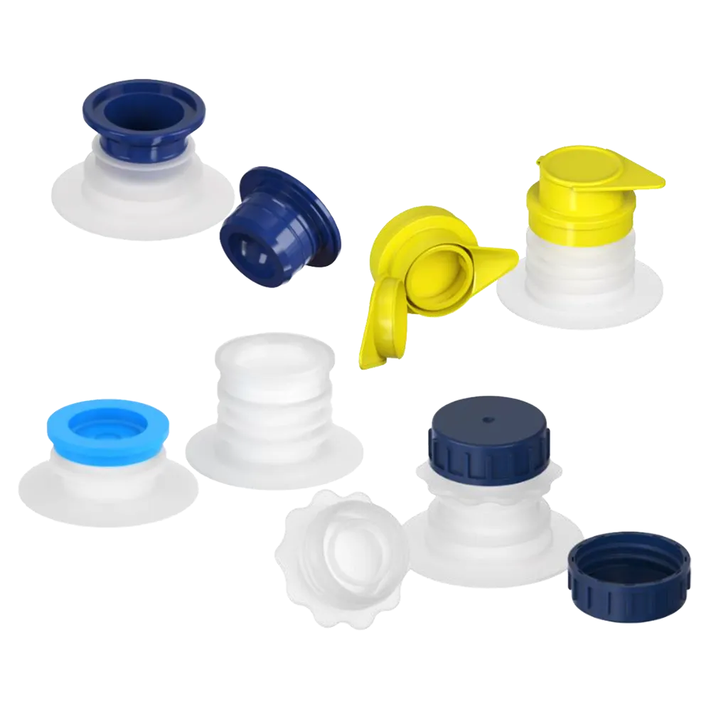 Flera olika typer av förslutningar som kan monteras på bag-in-box-påse eller ståpåse