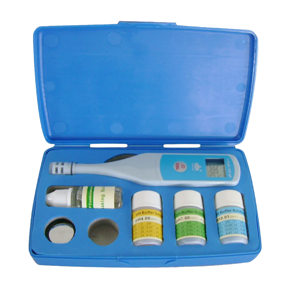 Blå opbevaringspose indeholdende digitalt pH-meter, kalibreringsvæsker mv.