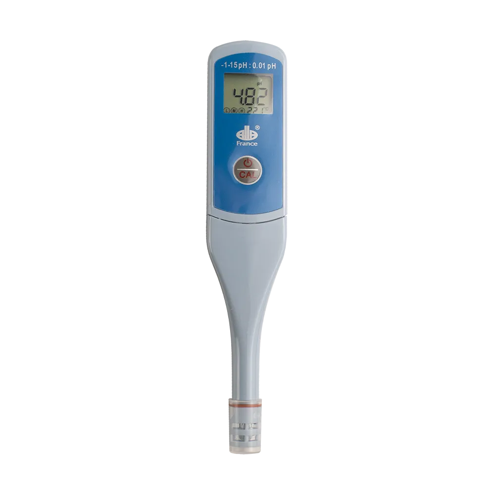 Digitaalinen pH-mittari, jossa on pieni digitaalinen näyttö ja sisäänrakennettu automaattinen lämpötilan kompensointi.