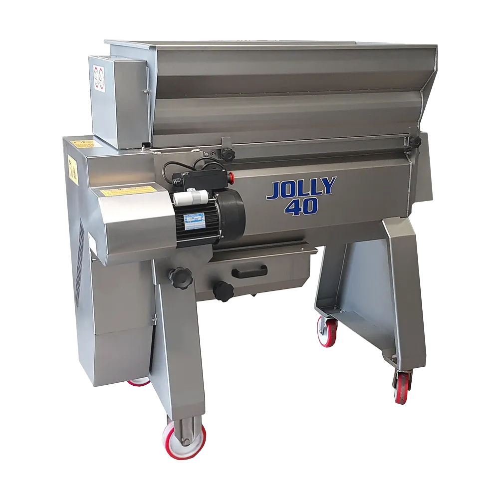 Maskin för avstjälkning av vindruvor med krossningsaggregat monterat under, tillverkad i rostfritt stål