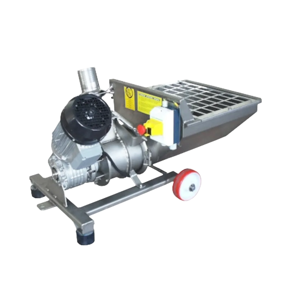 Maskin i rostfritt stål med knappar, hjul och kar som används för att transportera fruktmassa