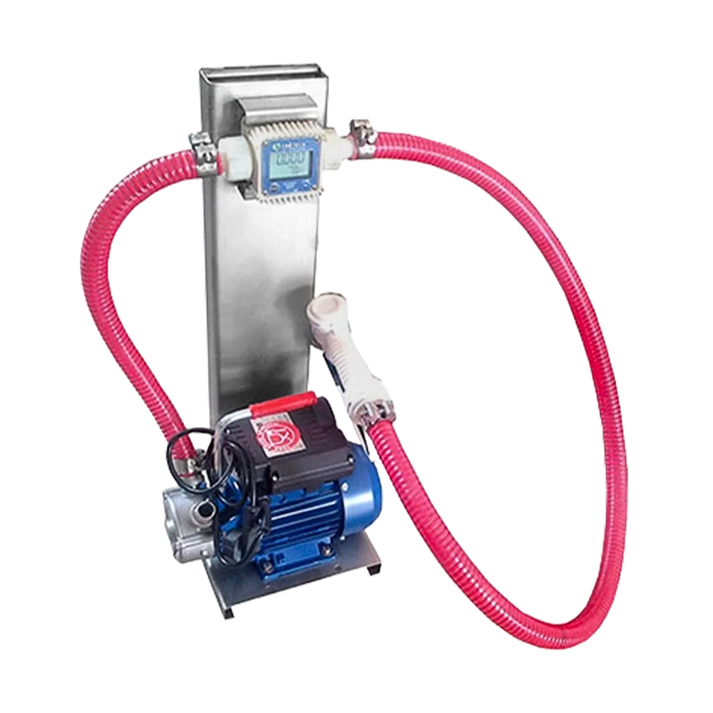 Fyllningsmaskin i rostfritt stål med digital flödesmätare och fyllningspistol