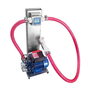 Pump med fyllningsmunstycke och flödesmätare