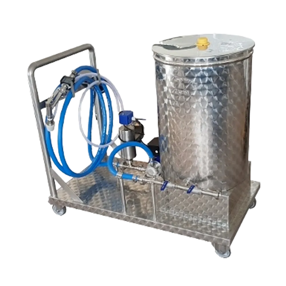 Mobil fyllningsstation för vin och juice, ställning i rostfritt stål som står på fyra hjul